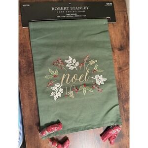 Robert Stanley Home Collection Green Table Runner Embroidery W/Tassels 72" x 13"